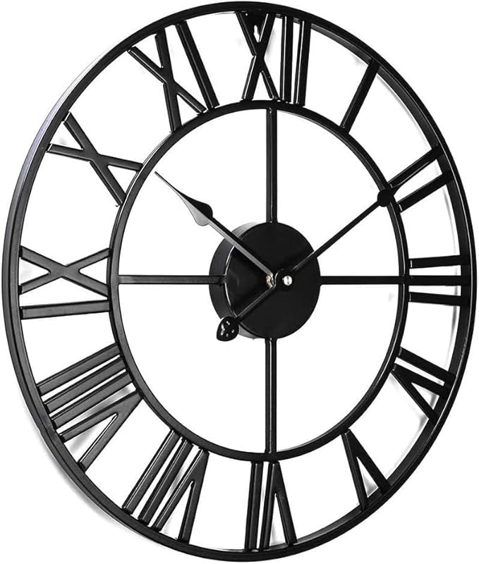 Antique Tower 24 inch Large Roman Numeral Wall Clock, Indoor Outdoor Patio Waterproof Oversized Decorative Contemporary Clock, Antique Black Metal Wall Clock Battery Operated Retro Art Hanging Clock,2