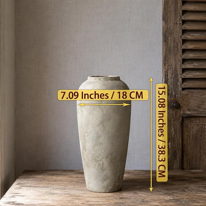 Ceramic Rustic Farmhouse Vase, 15 Inch Beige Flower Vases for Home Decor, Rustic Pottery Vase for Table Centerpieces & Living Room, Farmhouse Ceramic Vases for Entryway & Wedding Gifts