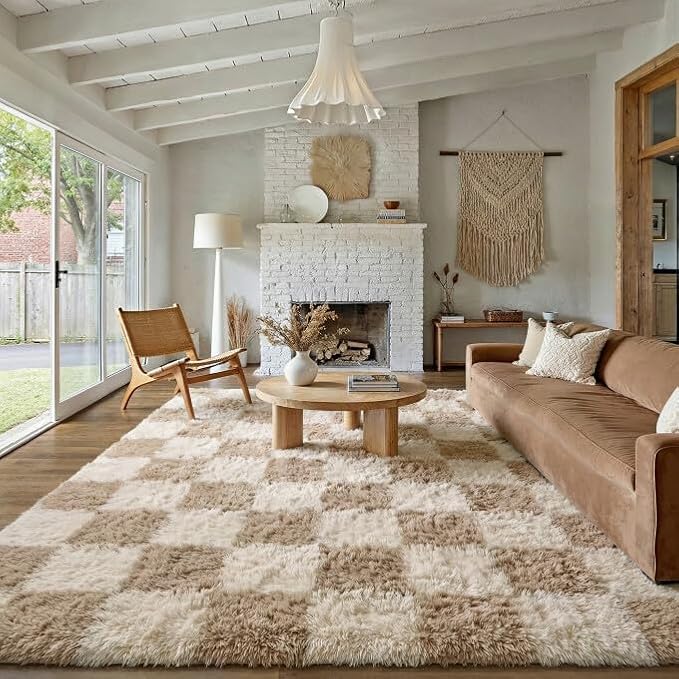 PureCozy Beige 6x9 Area Rugs for Living Room Soft Shag Checkered Large Rug Modern Washable Indoor Office Fuzzy Carpet Non-Slip Fluffy Rugs for Bedroom Nursery Dorm Playroom Home Aesthetic Decor