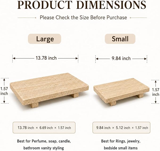 Travertine Pedestal Decorative Tray 13.8 x 6.7 in | Vanity Tray for Perfume, Jewelry, Keys and Candles, Catchall Tray for Bathroom Counter, Dresser and Entryway Decor
