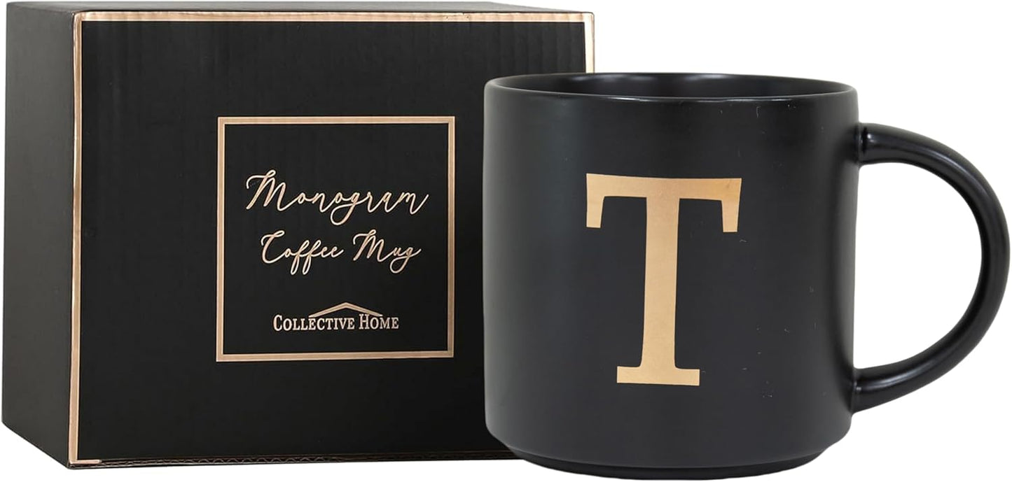 COLLECTIVE HOME - Monogram Ceramic Mugs, 15 oz Golden Initial Black Coffee Cups, Elegant Alphabet Tea Mugs, Elegant Personalized Mug with Gift Box, Unique Mug with Double Side Capital Lette (T)