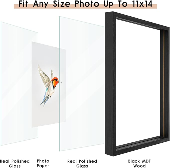 MUYE 11x14 Floating Frames Set of 2,Double Glass Picture Frame Display Any Size Photo up to 11x14,Wall Mount or Tabletop Standing,Black
