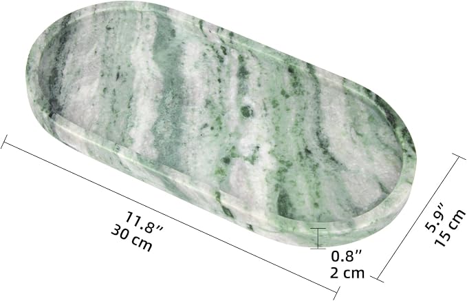 Oval Marble Bathroom Vanity Tray, Natural Luxury Marble Home Kitchen Bathroom Table Tray, Stone Decorative Countertop Tray for Coffee Perfume Jewelry (Green Emerald, 12" x 6" x 0.8")