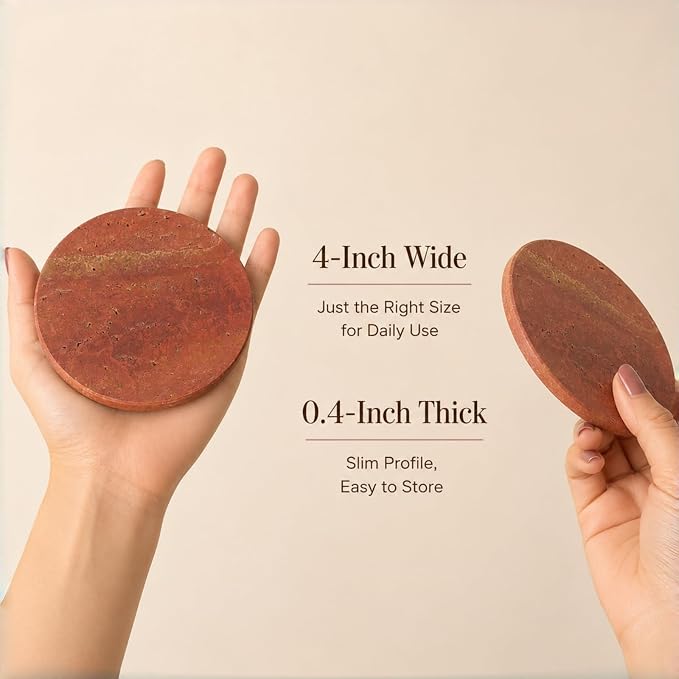 Natural Travertine Coasters Set of 4 – Absorbent Stone Drink Coasters with Cork Backing, 4” Round Neutral Coffee Table Décor for Organic Modern Home Aesthetic