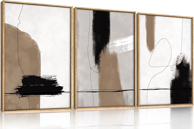 KAIRNE Abstract Neutral Framed Canvas Wall Art Set,Abstract Black Brown Wall Decor,Modern Color Blocks Art Prints,Minimalist Brush Strokes Artwork for Living Room,Bedroom,Farmhouse,Office-16 x24 x3