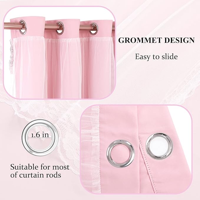 Short Pink Blackout Curtains with Sheer Overlay - Grommet Privacy Drapes, Cute Window Treatments for Kids/Girls Bedroom Nursery LivingRoom, 52 x 54 in, 2 PCs