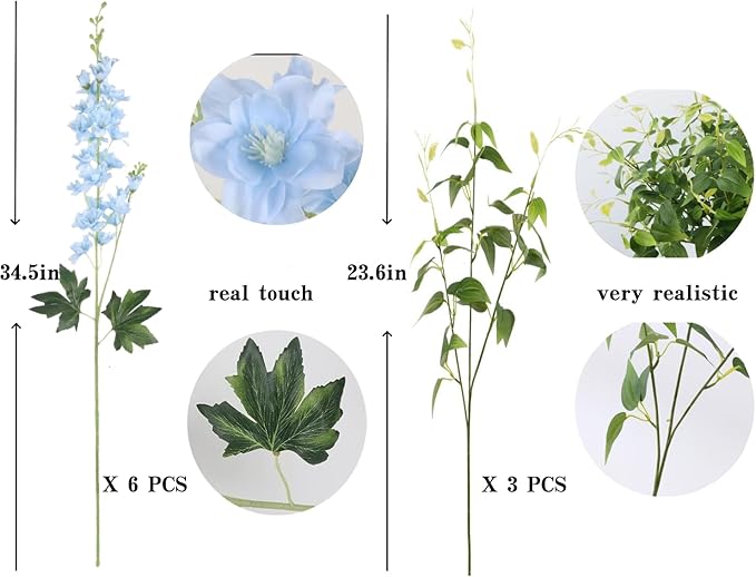 9 pcs Blue Delphinium Artificial Flowers, 34.25''Artificial Snapdragon Flowers Tall Fake Flowers Silk Flowers Faux Delphinium Bulk for Tall Vase Home Wedding Garden Table Decor