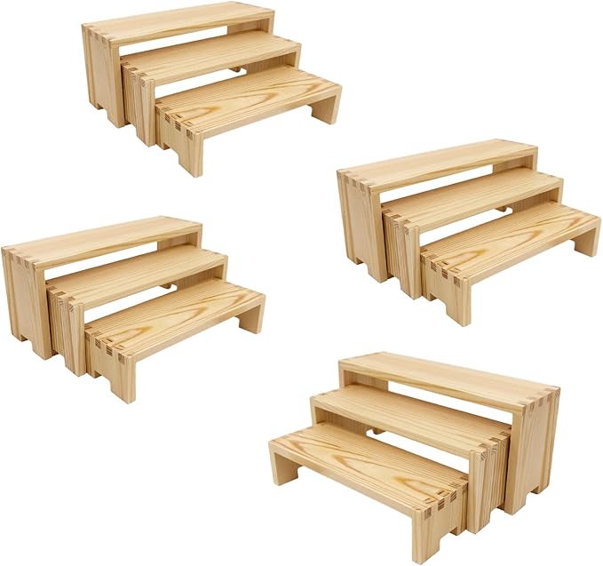 Yikaroeli 12Pcs Wood Display Risers Wooden Stands 3 Tier 4 Set Display Stand for Vendor Events Cupcake Stands Cake Dtand Perfume Shelf Dessert Food Display for Party (Nature)