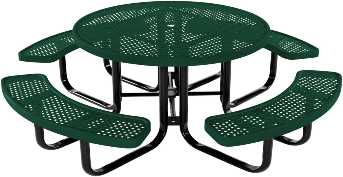 Coated Outdoor Furniture Heavy-Duty Portable Outdoor Kids Table with Umbrella Hole, Punched Steel Kids Picnic Table, Commercial-Grade, Made in America (46 In, Round, Childrens, Textured Green)