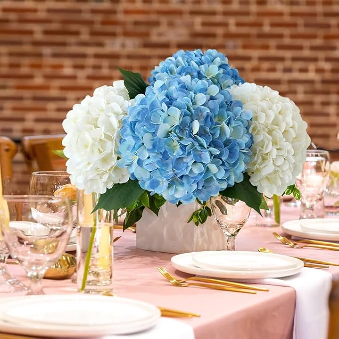 JINWOE Silk Flowers Hydrangea Artificial Flowers, 4Pcs 22Inch Large Lifelike Faux Flowers, Full Fake Artificial Hydrangeas with Stems for Bouquet Table Centerpieces Home Decoration (White/Blue)