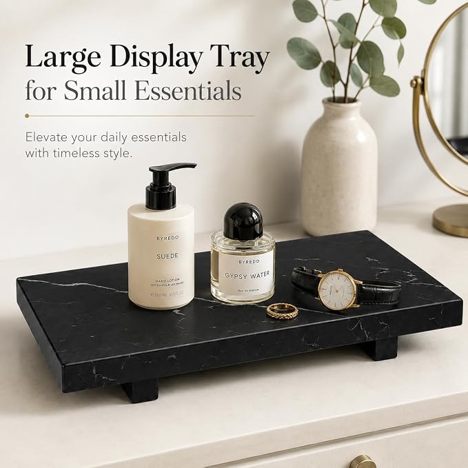 Black Marble Large Pedestal Tray for 13.8 in | Vanity Tray for Perfume, Jewelry, Keys and Candles, Catchall Tray for Bathroom Counter, Dresser and Entryway Decor
