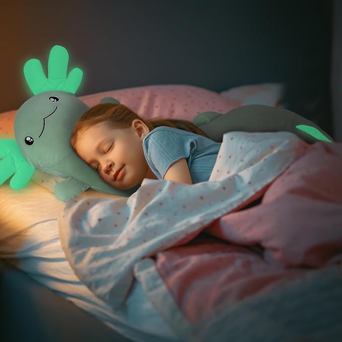 MaoGoLan Giant Axolotl Plush Stuffed Animal,Big Axolotl Plush Pillow Toy for Kids Girl Boy,Jumbo Stuffed Salamander Body Pillow Toy Glow in The Dark, Birthday Easter Gift Baby Shower Party Decor Green