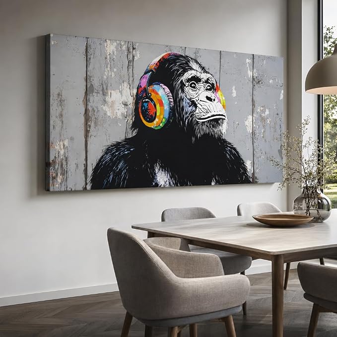 Wall Art Graffiti Gorilla Abstract Canvas Painting Textured Picture, Modern Landscape Artwork Framed for Living Room Bedroom Bathroom Office Home Decor 48x24in