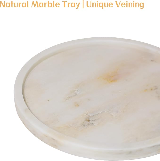 Natural Marble Vanity Tray, Round, 8.3 Inch, with Anti-Slip Pads, for Bathroom, Jewelry, Perfume Display, Coffee Table Decor (Smoke)