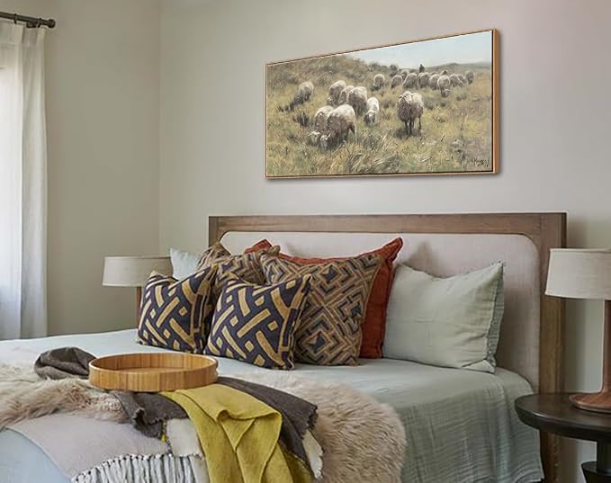 DJSYLIFE Farmhouse Sheep Framed Wall Art, Countryside Landscape | 20x40 Inch Canvas Print, Shepherd & Flock on Dunes, Ready to Hang, Pastoral Scene, Above Sofa for Living Room