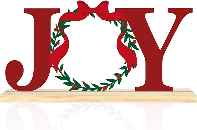COCHIE Metal Merry Christmas Joy Sign, Christmas Wreath Table Centerpieces Decorations for Home, Office, Shelf, Mantel, Indoor, Xmas Red and Green Party Decor Supplies (XMAS B)