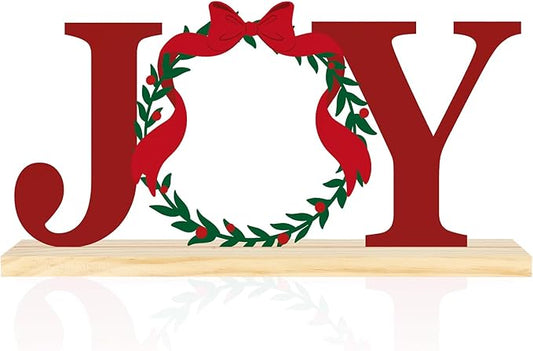 COCHIE Metal Merry Christmas Joy Sign, Christmas Wreath Table Centerpieces Decorations for Home, Office, Shelf, Mantel, Indoor, Xmas Red and Green Party Decor Supplies (XMAS B)