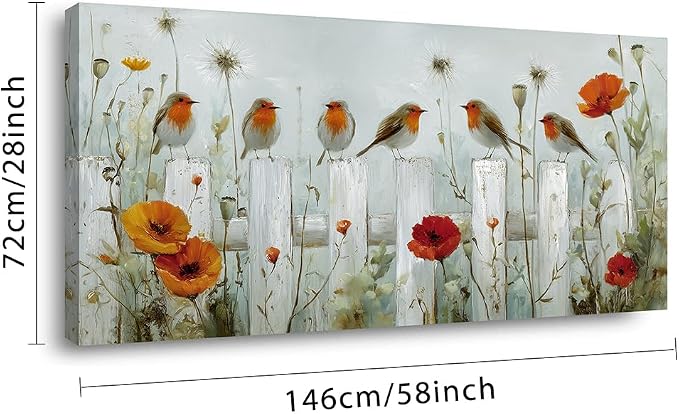 Ggaafet Garden Birds Wall Art for Living Room Canvas Oil Painting Prints Cute Sparrow on Fence Art Deco Nature Artwork Office Bedroom Family Dining Room Decor Extra Large