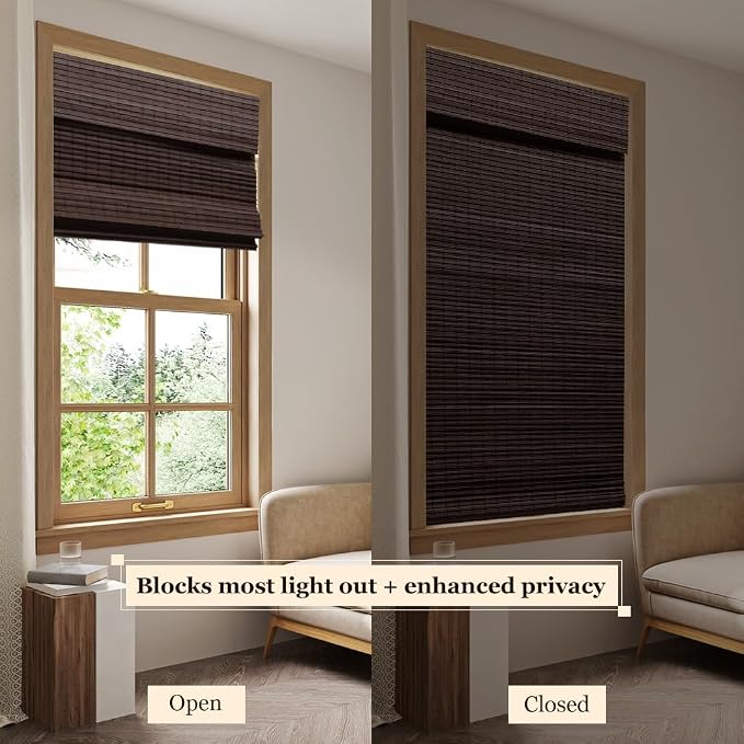 LUCKUP Cordless Bamboo Roman Blinds Shades for Indoor Windows-Blackout Room Darkening Roman Blinds with 6" Valance Cover Enhanced Privacy, 26" W x 64" H