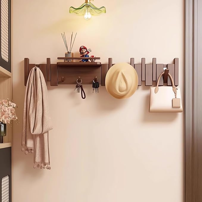 Wall Mounted Coat RackHooks Piano Key Hangers Natural Solid Wood Hanger Non-Woven Fabric Clothes Hangers for Closet, Kitchen, Bedroom, Bathroom, Entryway (Innovate-Walnut, 10 Hooks)