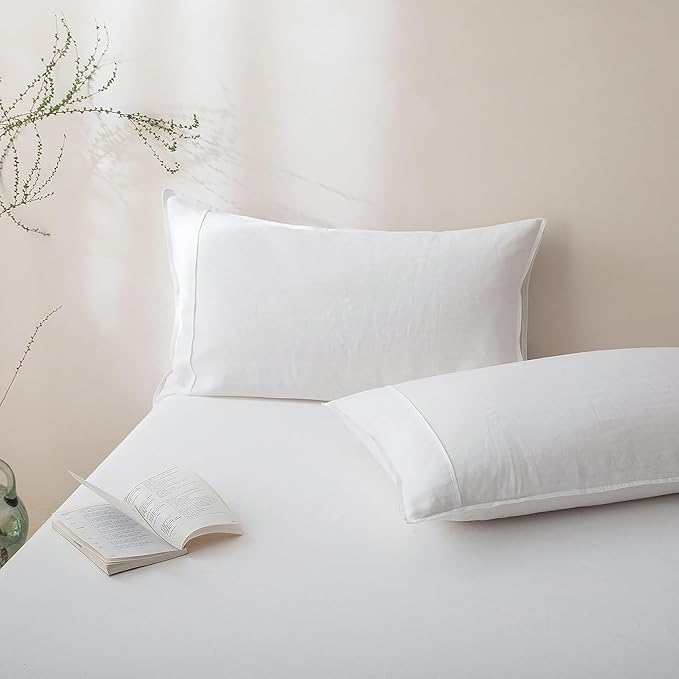 Talasily 100% French Linen Pillow Case Queen Size Set of 2,Oeko-TEX Certified Stone Washed Flax Pillow Shams with Envelope Closure - Breathable & Cooling for Hot Sleepers（White,20''x30''）