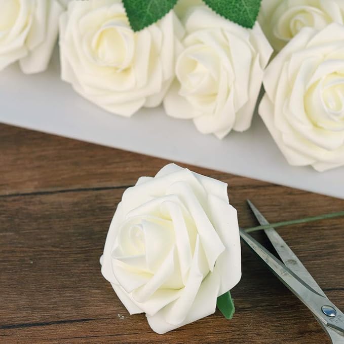 Mocoosy 50Pcs White Rose Artificial Flowers, Ivory Roses for Decorations, Real Touch Fake Rose with Stems Bulk DIY Wedding Bouquet Bridal Shower Mother's Day Floral Arrangement Party Home Decor