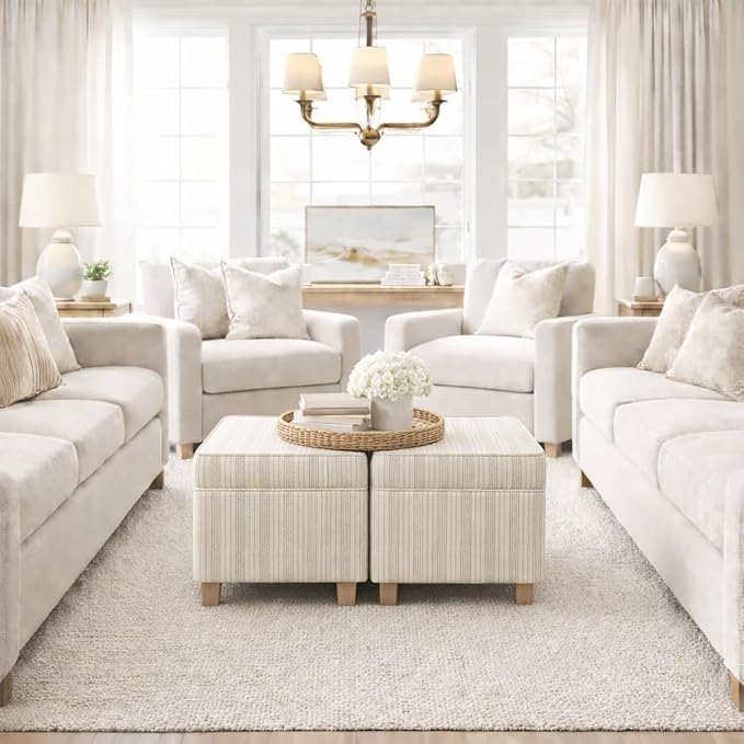 Homepop Home Decor Classic Square Storage Ottoman with Lift Off Lid | Ottoman with Storage for Living Room & Bedroom, Marigold Pinstripe Cream Fabric