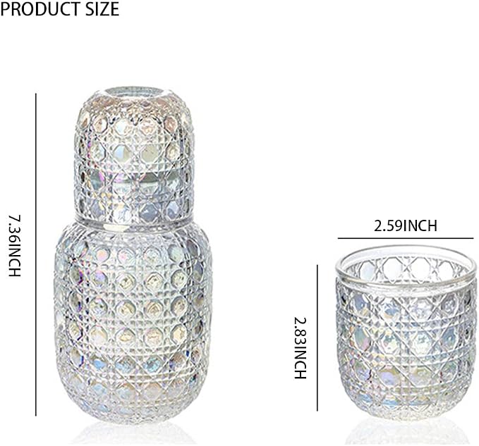 Bedside Water Carafe and Glass Set, Vintage Floral Glass Carafe with Tumbler Cup, 15oz Nightstand Water Pitcher for Bedroom, Decorative Mouthwash Decanter for Bathroom, Colorful Glassware