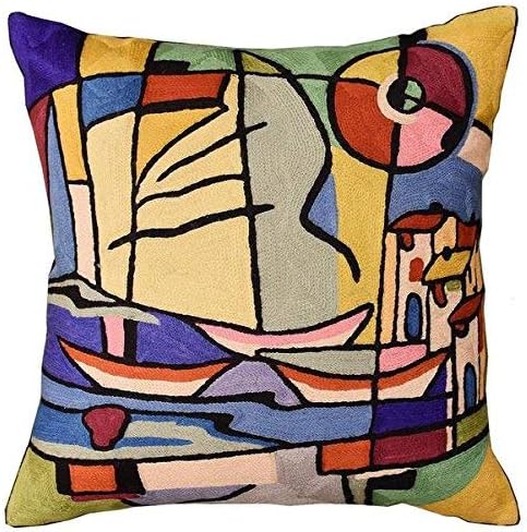 Modern Pillow Cover by Alfred Gockel | Nautical Pillow | Mid Century Modern Throw Pillows | Abstract Pillow for Couch | Contemporary Chair Cushion | Hand Embroidered Wool | Size -18x18