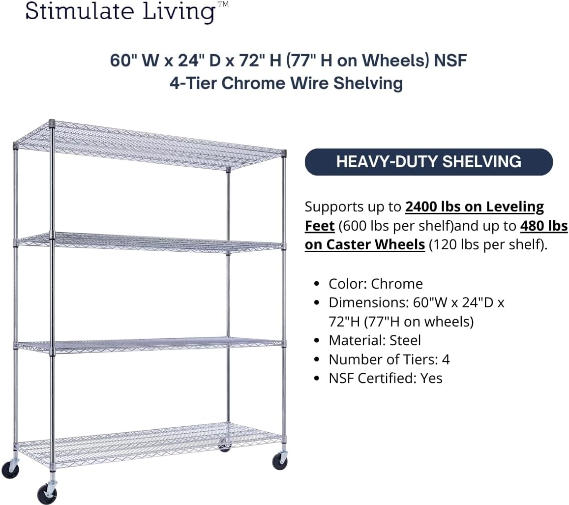 60"x24"x72" PRIME HEAVY DUTY Chrome 4-Tier Wire Shelving NSF 2400 LBS MAX Capacity Storage Rack for Commercial, School, Home, Garage, Warehouse, Industrial, and Hospital Uses (with Wheels)