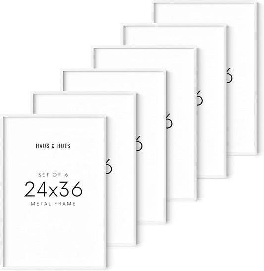 HAUS AND HUES 24x36 White Metal Picture Frames - Features Premium Aluminum, Vertical & Horizontal Hang, Shatterproof Plexiglass - Perfect for Home, Room, Office (24x36 in, White, Set of 6)