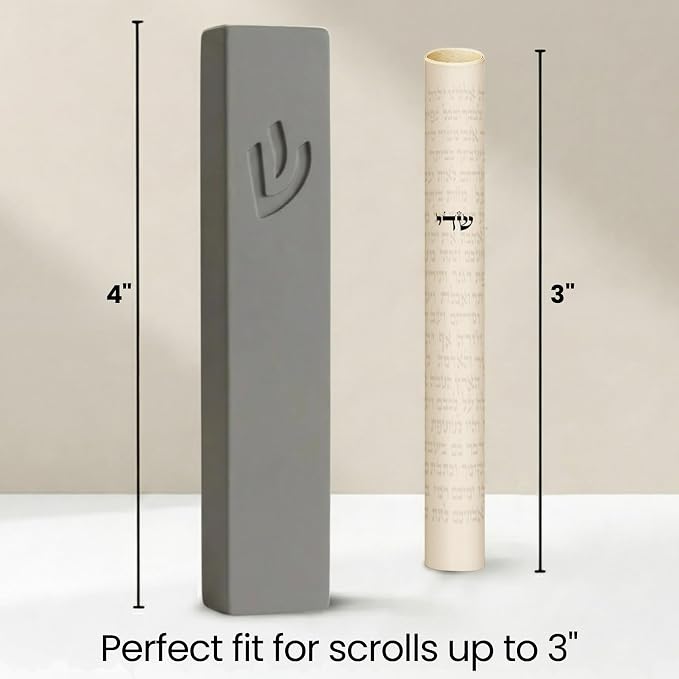 SURI Mezuzah for Door – 4 Inch Light Gray Concrete Mezuzah Case with Non Kosher Scroll, Judaica Entry Design, Fits a 3 Inch Mezuza Scroll, Gift Box Included