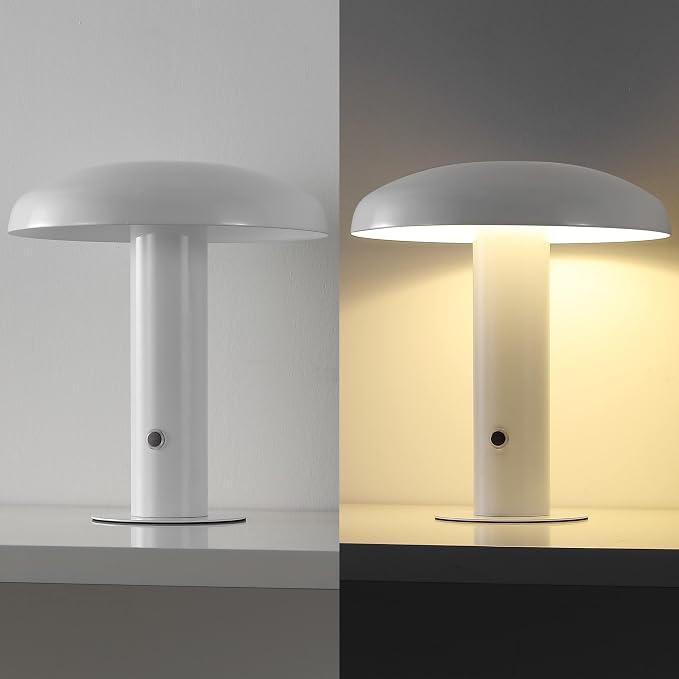 JONATHAN Y 11" White Rechargeable LED Mushroom Table Lamp, Cordless Portable Dimmable Mid-Century Modern Accent Lamp, with Metal Shade, Touch Sensor (JYL7114B)