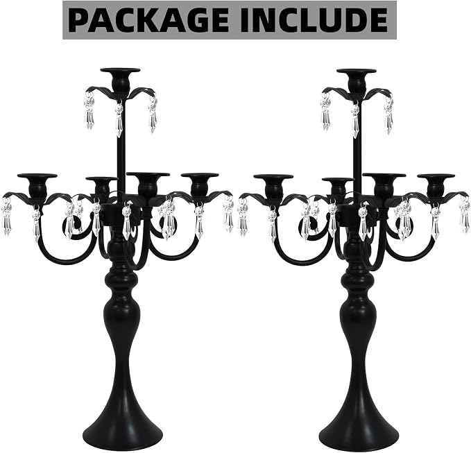 2Pcs Candelabras Centerpieces for Tables, 20" Tall Candlestick Holder for Taper Candles, 5 Arm Crystal Candelabra Candle Holder for Wedding Centerpiece Decor Party Event Reception Decoration (Black)