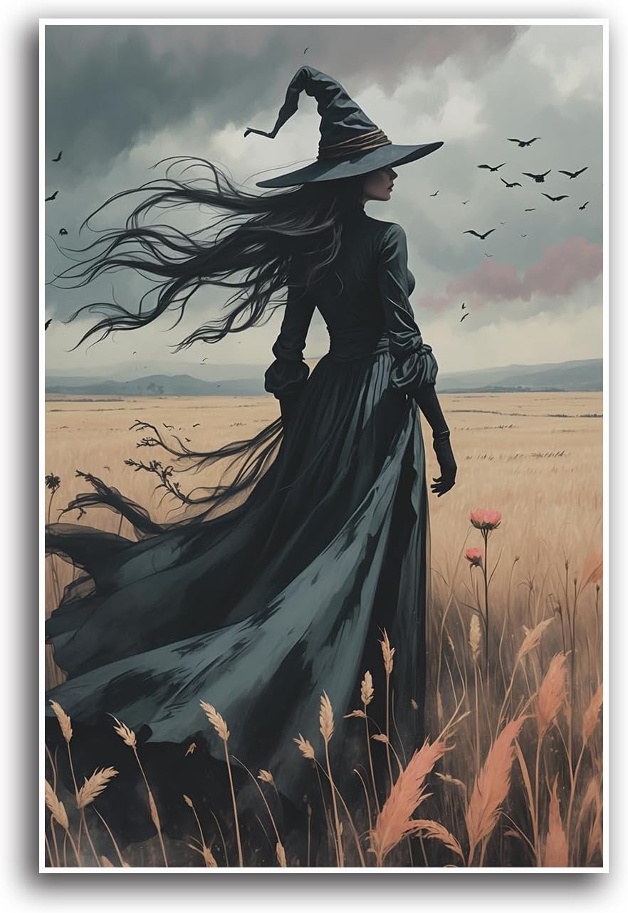 JFHCQJPK Gothic Decor Canvas Wall Art Witch in Rice Field Halloween Art Decor Print Nature Print Victorian Home Bedroom20x30in Frameless