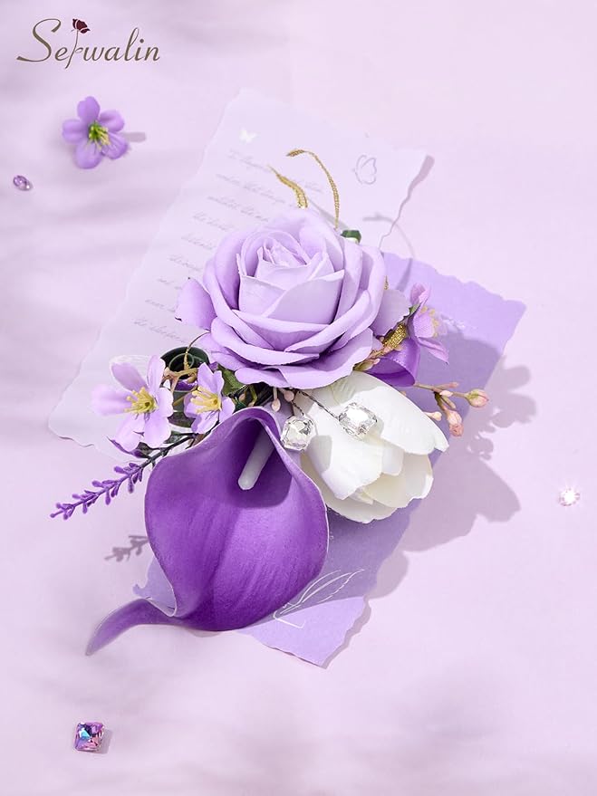 Serwalin Purple Prom Corsage and Boutonniere Set, Artificial Calla Lily Rose Wrist Corsage Wristlet for Homecoming, Formal Dance, Wedding Flowers Accessories Party Suit Decorations