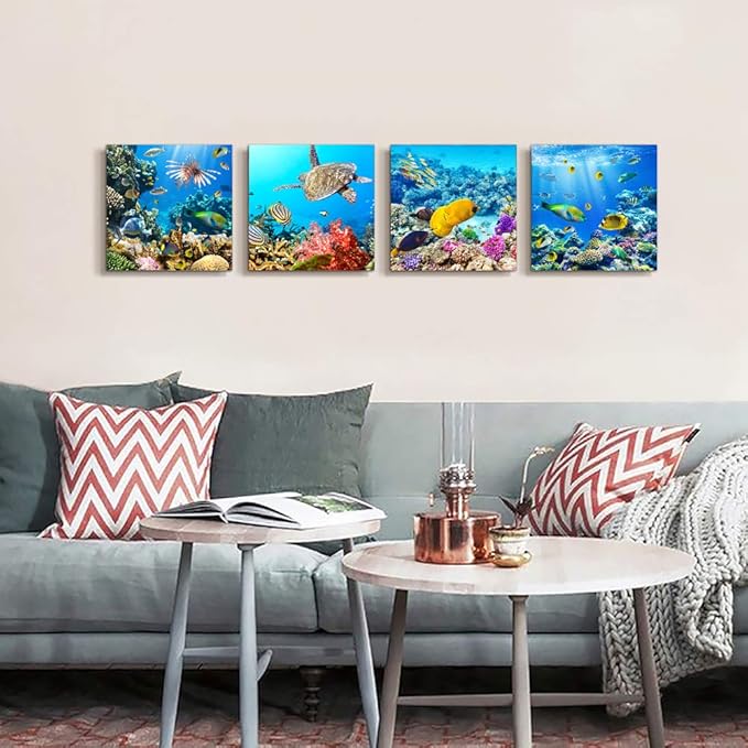 Canvas Wall Art for Living Room- family Bedroom Canvas Pictures Artwork Bathroom Wall Decor- 4 Panels Coral and Sea Fish and Turtles Ocean Theme Stretched and Framed Ready to Hang Modern Home Decor