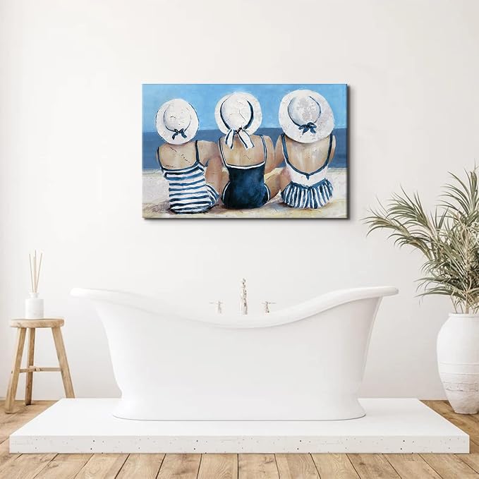 Coastal Beach Girls Wall Art Vintage Ocean Pictures Beach Wall Decor for Bathroom Bedroom Navy Blue and White Swimsuit Canvas Paintings Girl Friends Sun Bathing Artwork Living Room Home Decoration