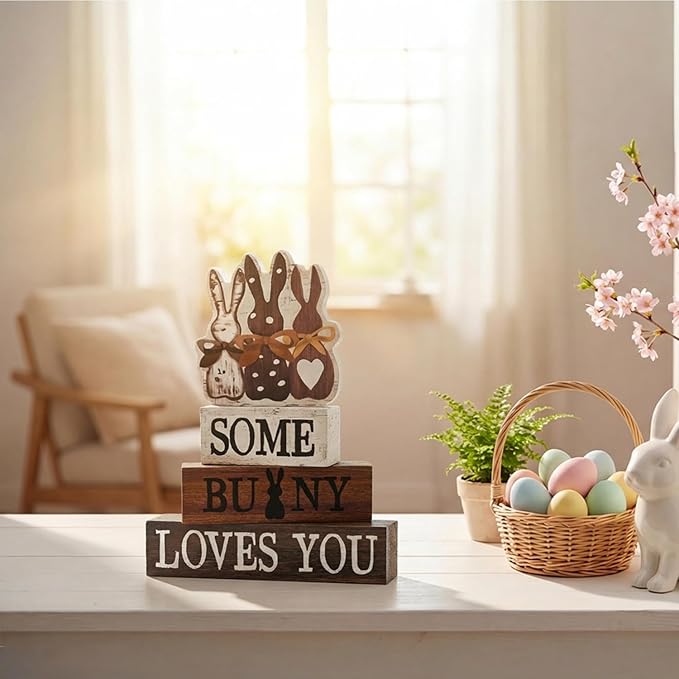 Smile Wooden Easter Decoration Sign - "Some Bunny Loves You" Wooden Block Stack Decor, 3-Tiered Rustic Blocks with Bunny Silhouette Topper for Easter & Spring Tabletop Display