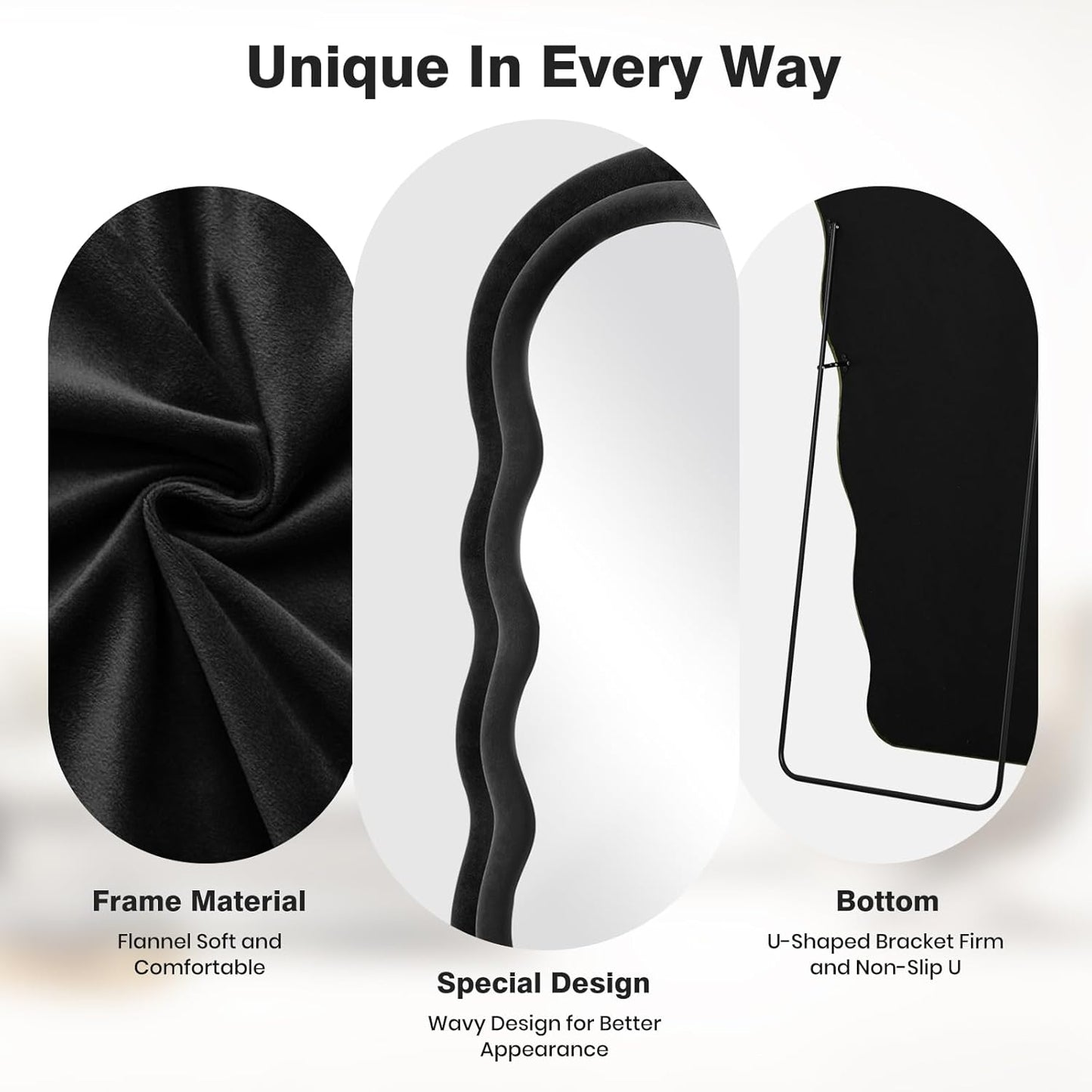 Full Length Mirror 63"x24" Arched Wavy Full Body Wall Mounted Floor Mirror with Stand Black Flannel Frame Leaning Hanging Wall Mirror for Bedroom Entrance