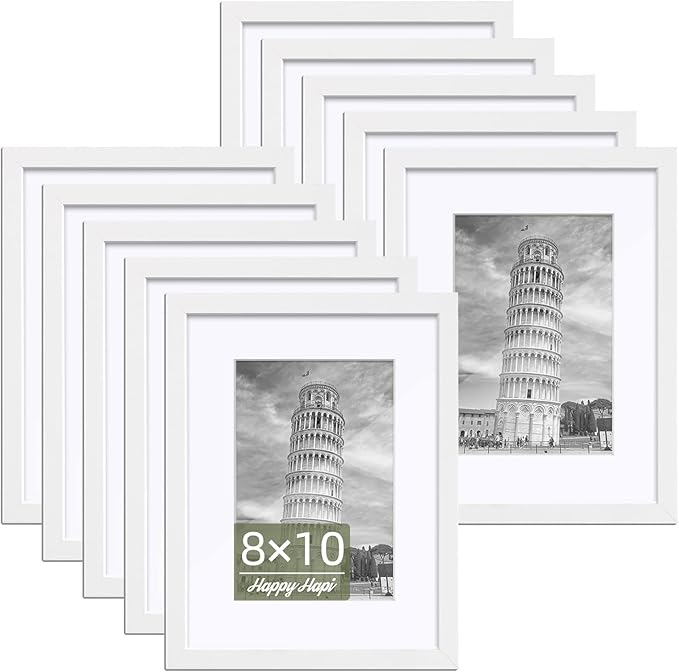 HappyHapi 8x10 Picture Frames Set of 10, 5x7 with Mat or 8x10 Without Mat, Tabletop or Wall Display for Photos, Paintings, Posters, Artwork（White）
