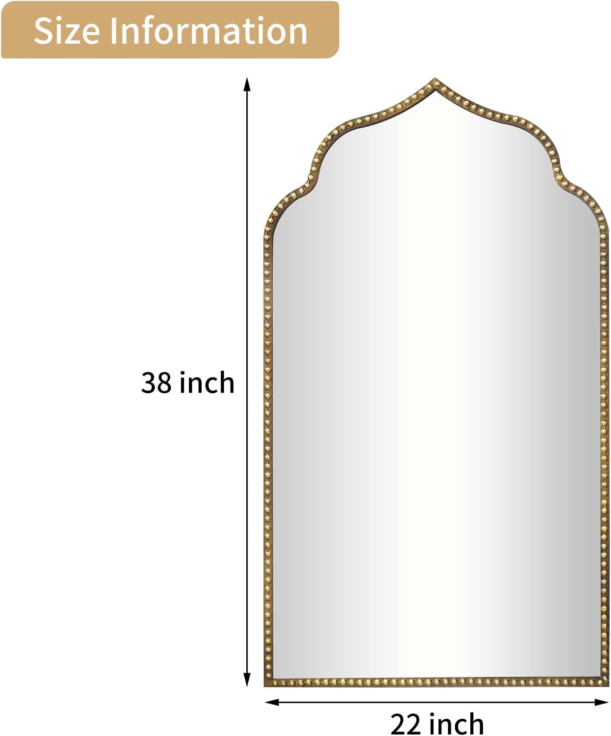 Arch Wall Mirror, 22" W x 38" H Metal Marlowe Beaded Frame Accent Mirror, Large Modern Vintage Gold