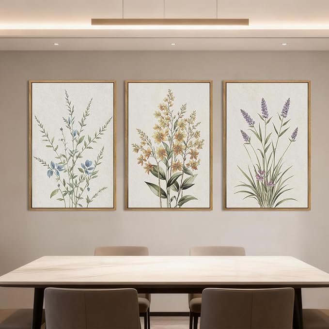 Anyzal Botanical Floral Framed Wall Art Large 16x24 Inch Modern Neutral Wildflower Canvas Art Prints Beige Cream Flower Wall Decor for Living Room Bedroom Dining Room Set of 3
