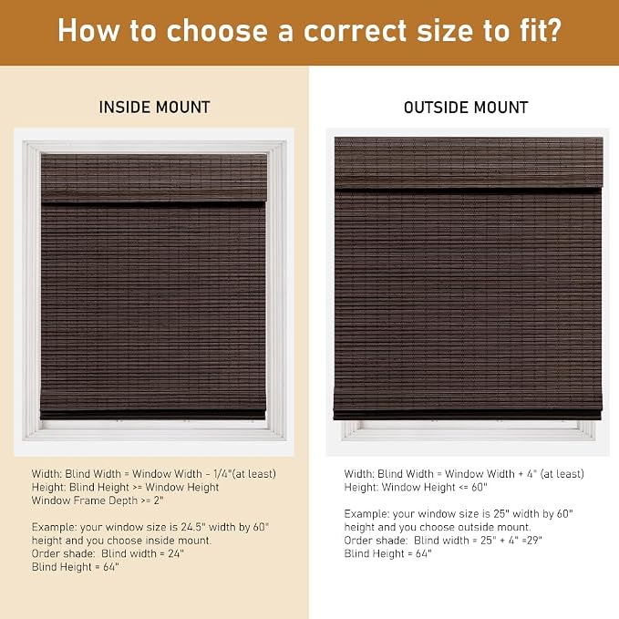 SEEYE Cordless Bamboo Roman Shades, Blackout Natural Bamboo Blinds for Indoor Windows, Roll Up Blind Privacy Shade for Home, Office, Door, UV Resistant & Easy to Install, 36" W x 64" H, Brown