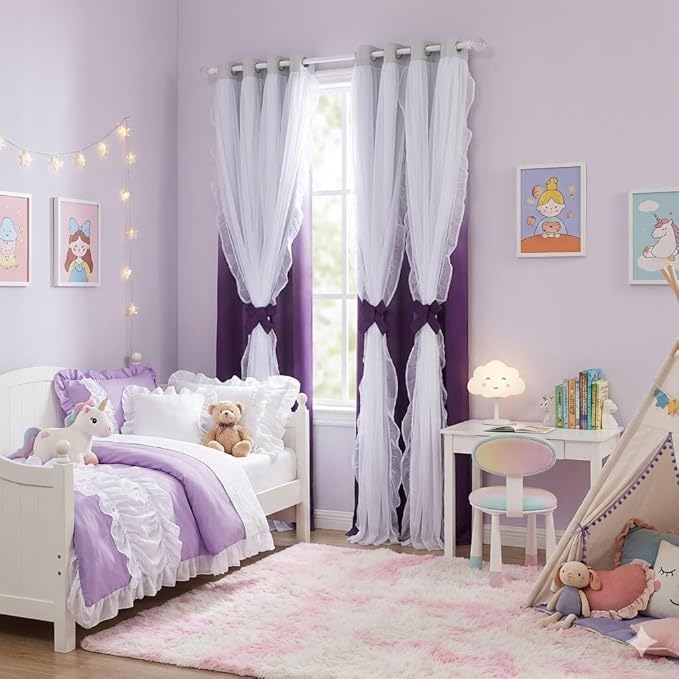 PONY DANCE Blackout Curtains for Living Room Decor Window Treatment Double Layer Drapes Ruffle Sheer Overlay,Moody Curtains, W 52 x L 84 Inches, Ombre-Purple, 2 Panels