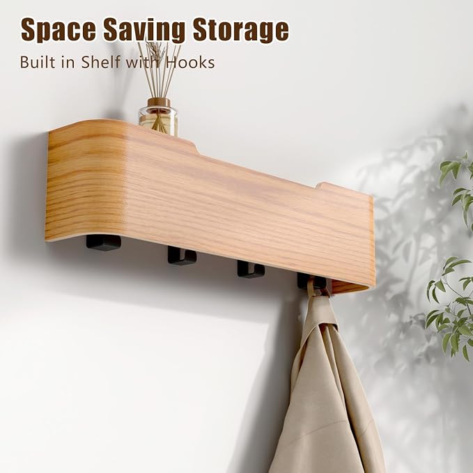 Coat Rack Wall Mount with Hidden Hooks, Wall Hooks with Shelf, Wall Key Holder Mount Wooden Shelf Entryway Hooks for Bedroom Bathroom for Hanging Coats Hats Bags Towels (Oak, 4 Hooks)