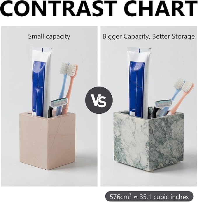 Real Luxurious Natural Marble Toothbrush Holder & Makeup Brush Organizer & Pen Holder for Desk,3.93inch Square Marble Utensil Holder Non-Ceramic/Non-Resin （Cyan Green）