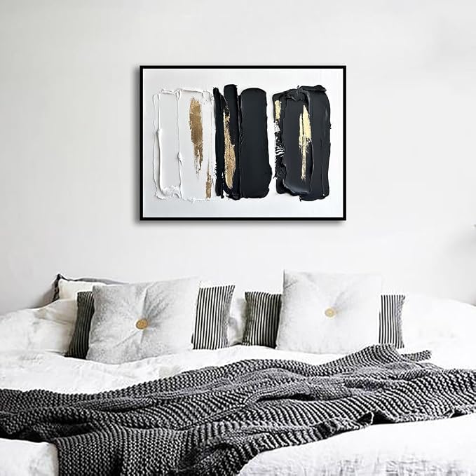 Sofoney - Black Framed Black and White Abstract Wall Art with Gold Foil Hand Painted Black and Gold Brushstrokes Oil Painting Heavy Textured Canvas Wall Decor for Living Room Bedroom Bathroom- 18"x24"