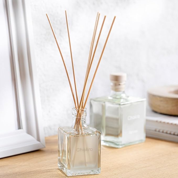 Chakra Reed Diffuser Set - Reed Diffusers for Home, Office and Living Spaces with Long-Lasting Fragrance, Scent Diffuser with Decorative Glass Bottle & Bamboo Sticks, 3.3 fl oz, Soft Linen