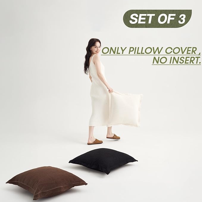 COCO TOP Classic Vintage Decorative Corduroy Large Throw Pillow Covers 24x24inch, Set of 3 Striped Big Pillow Cases for Sofa Couch Bedroom Living Room,Soft Cushions（Dark Brown, Black & White）